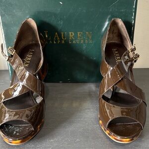Lauren Ralph Lauren Erin Brown Patent Women's Wedge Sandal s8.5